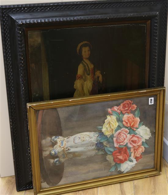 A watercolour of roses in a vase and an oleograph, 53 x 36cm